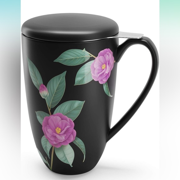 Other - Tea Cup with Infuser and Lid Ceramic Tea Mug Filter 16oz, Black Red Floral Print
